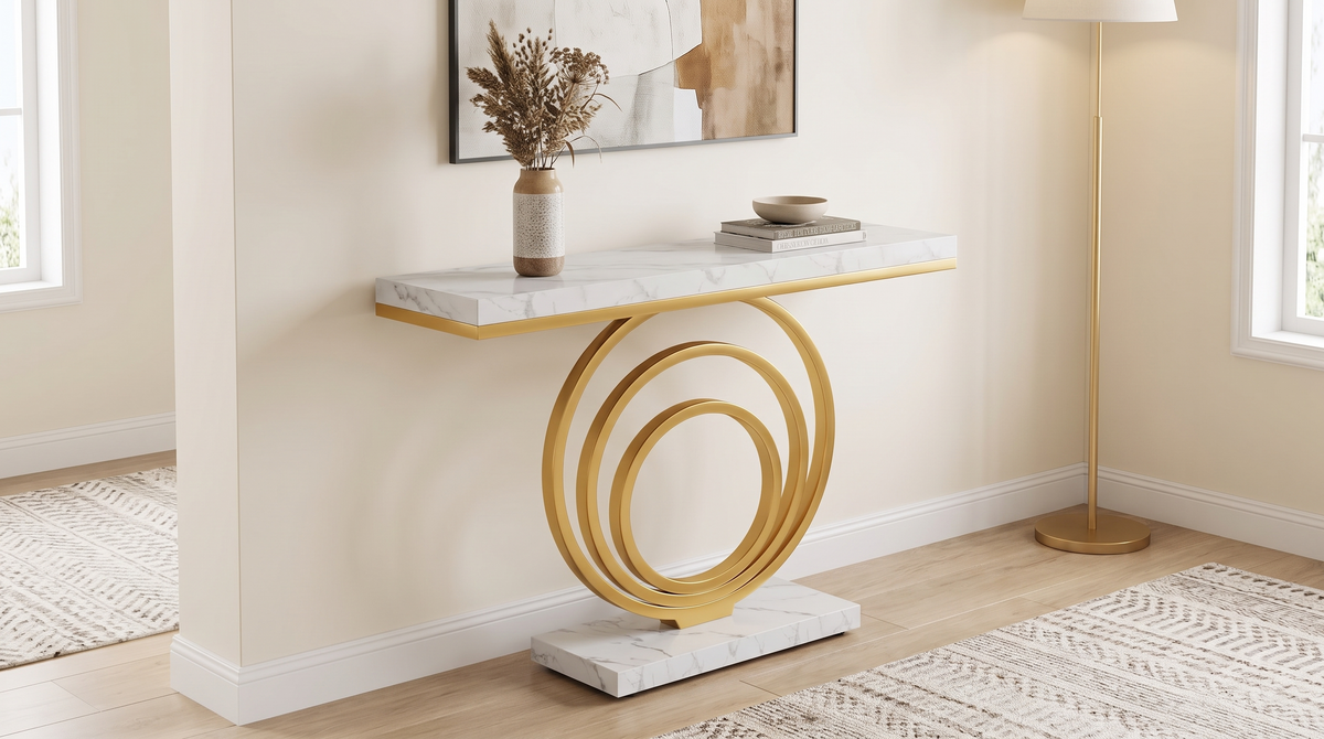 White marble look console top with a gold edge band