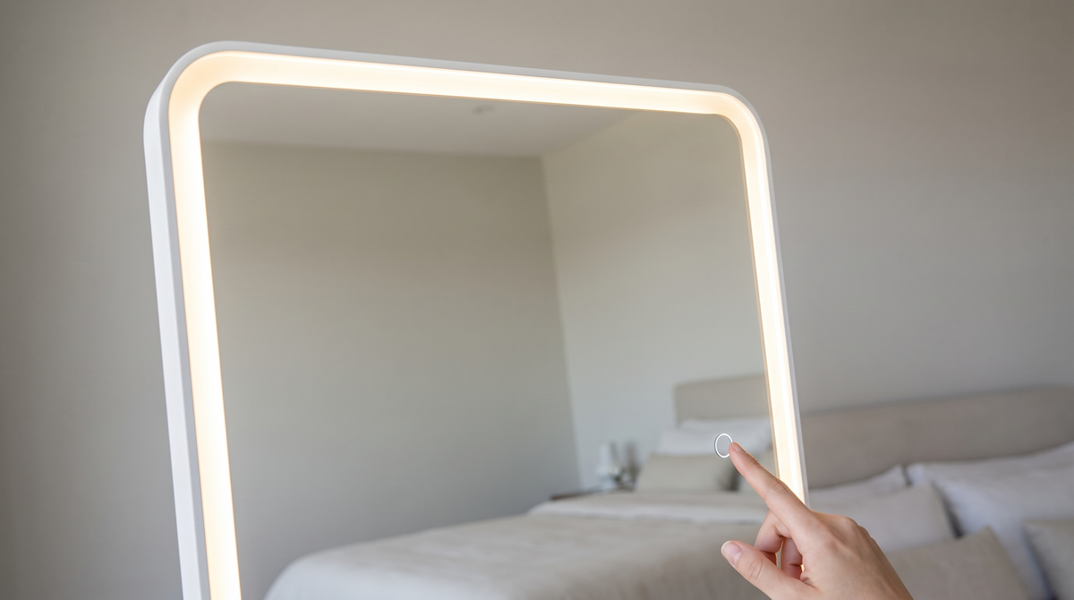Touch sensor set into the glass of an LED mirror