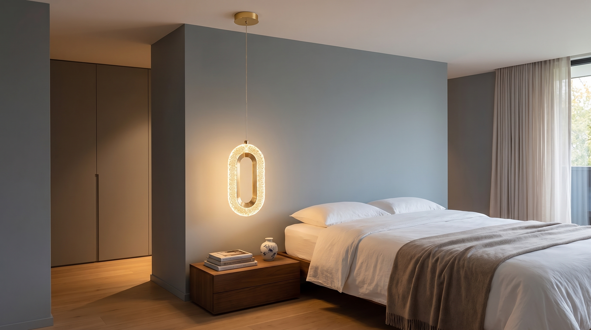 Single oblong crystal ring pendant lit beside a bed