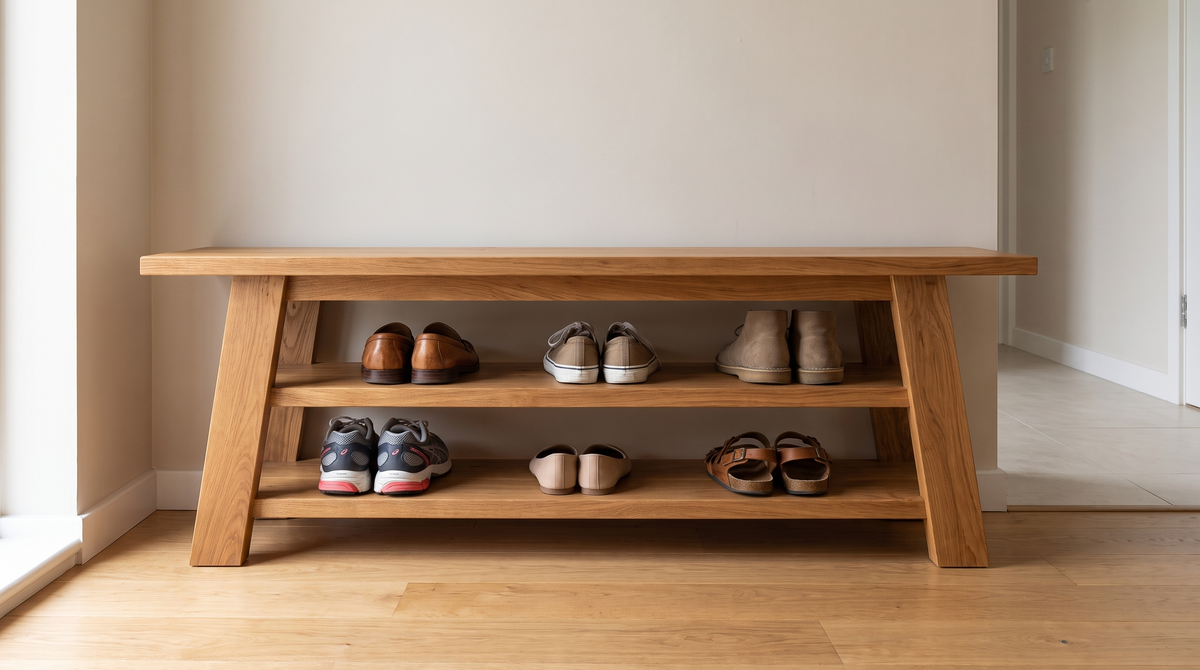 Two open shelves under the seat of a wooden bench