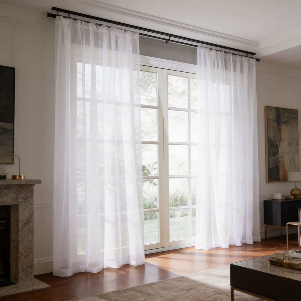 Sheer white curtains at a tall window in a living room with a fireplace