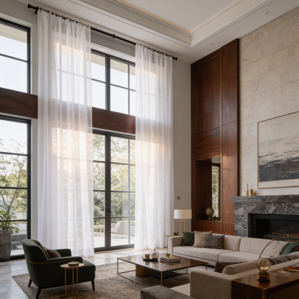Floor to ceiling sheer panels in a tall room with dark wood walls