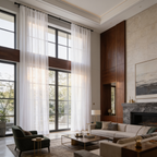 Floor to ceiling sheer panels in a tall room with dark wood walls