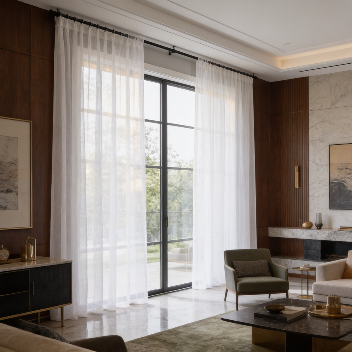 Sheer white panels along a wall of windows in a wide living room
