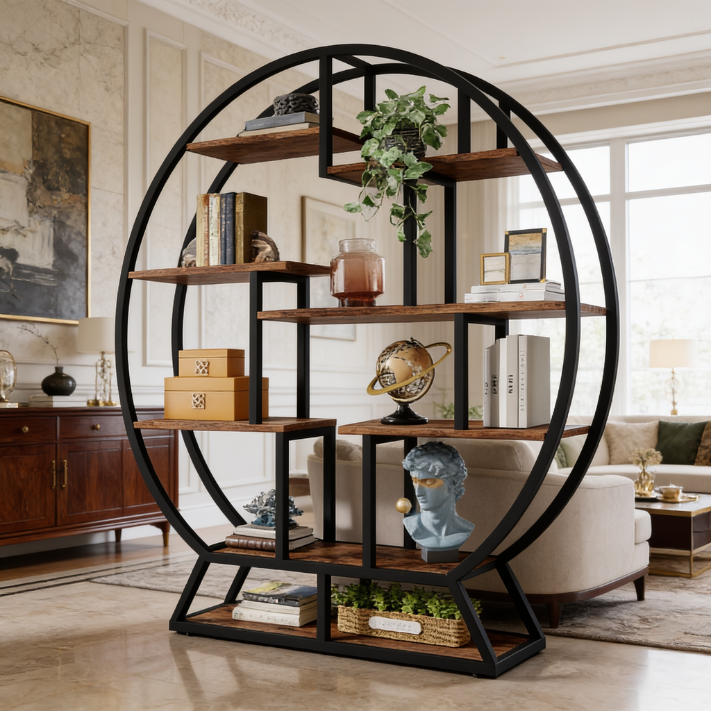 Angled view of the circular shelf unit holding a plant, a bust and stacked books