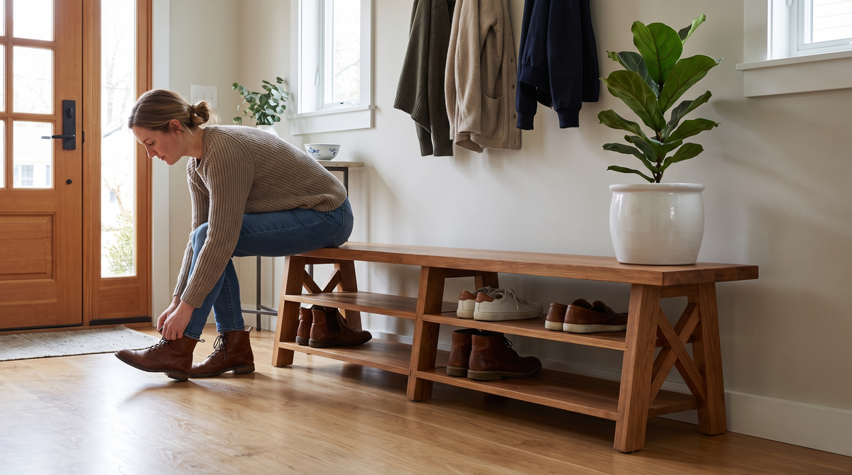 Someone sitting on a solid fir entryway bench