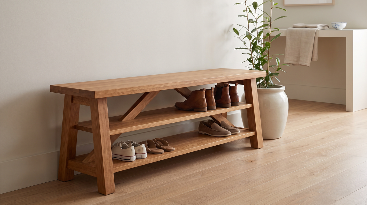 Solid fir bench with splayed braced legs and two shelves