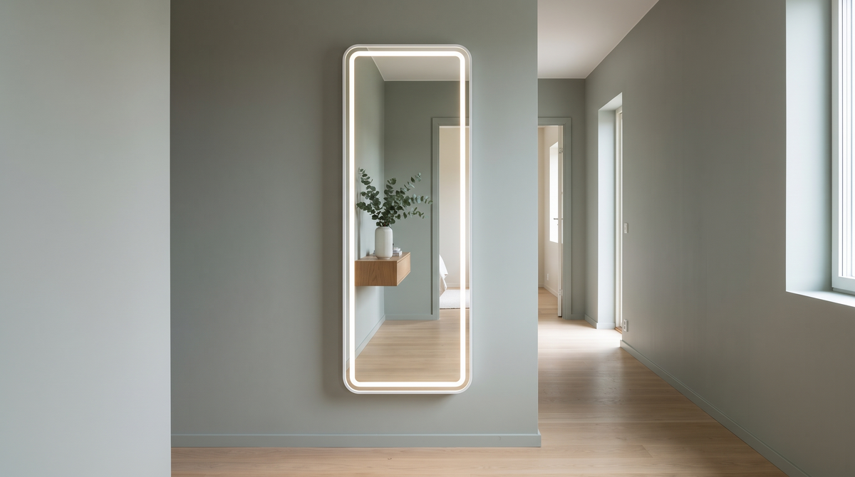 LED full length mirror hung flat on a hallway wall
