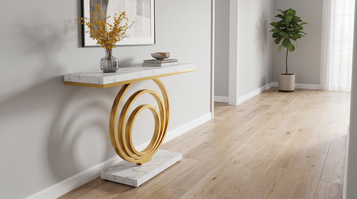 Gold ring console table along a hallway wall
