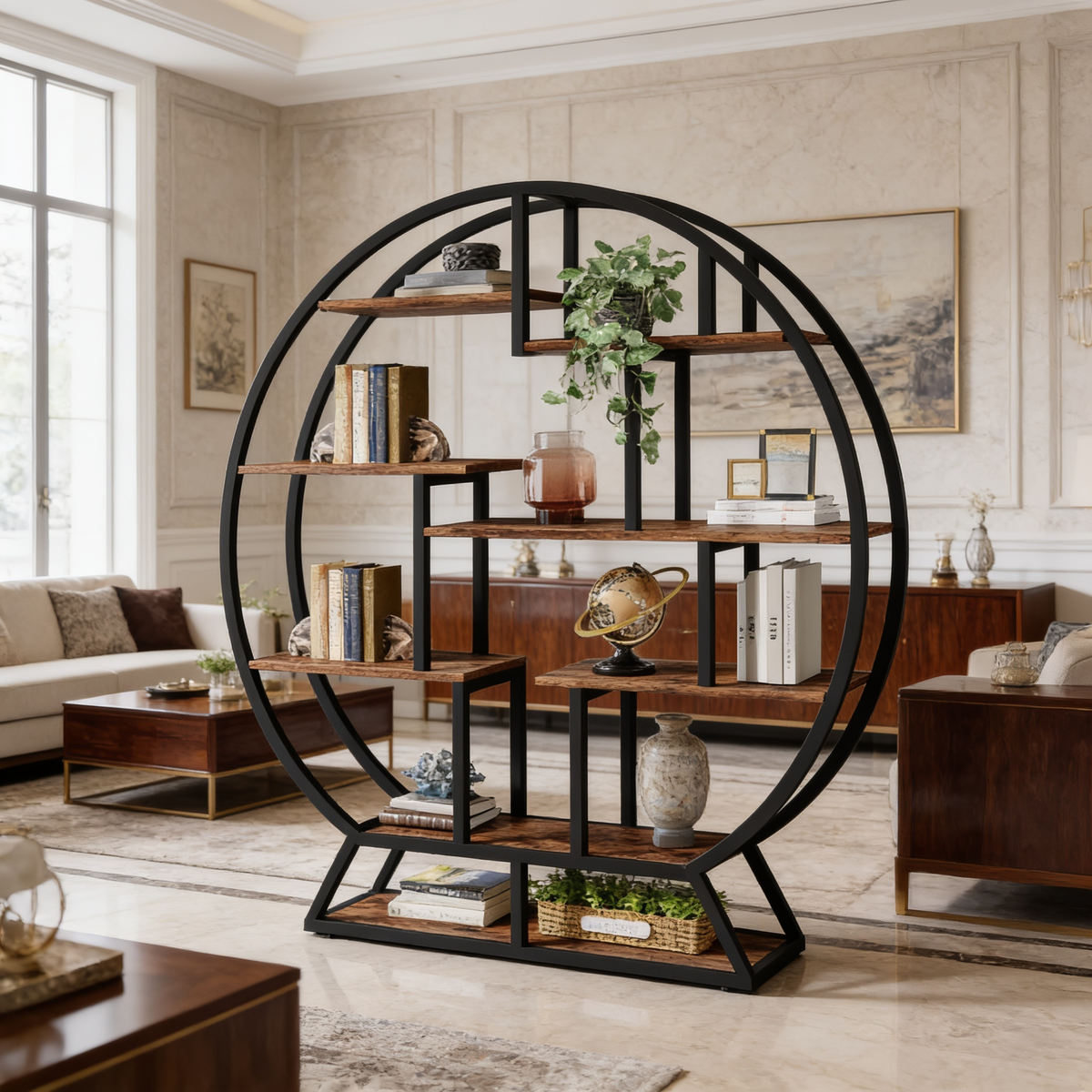 Ring shaped bookcase against a pale wall with a sofa and framed art behind it