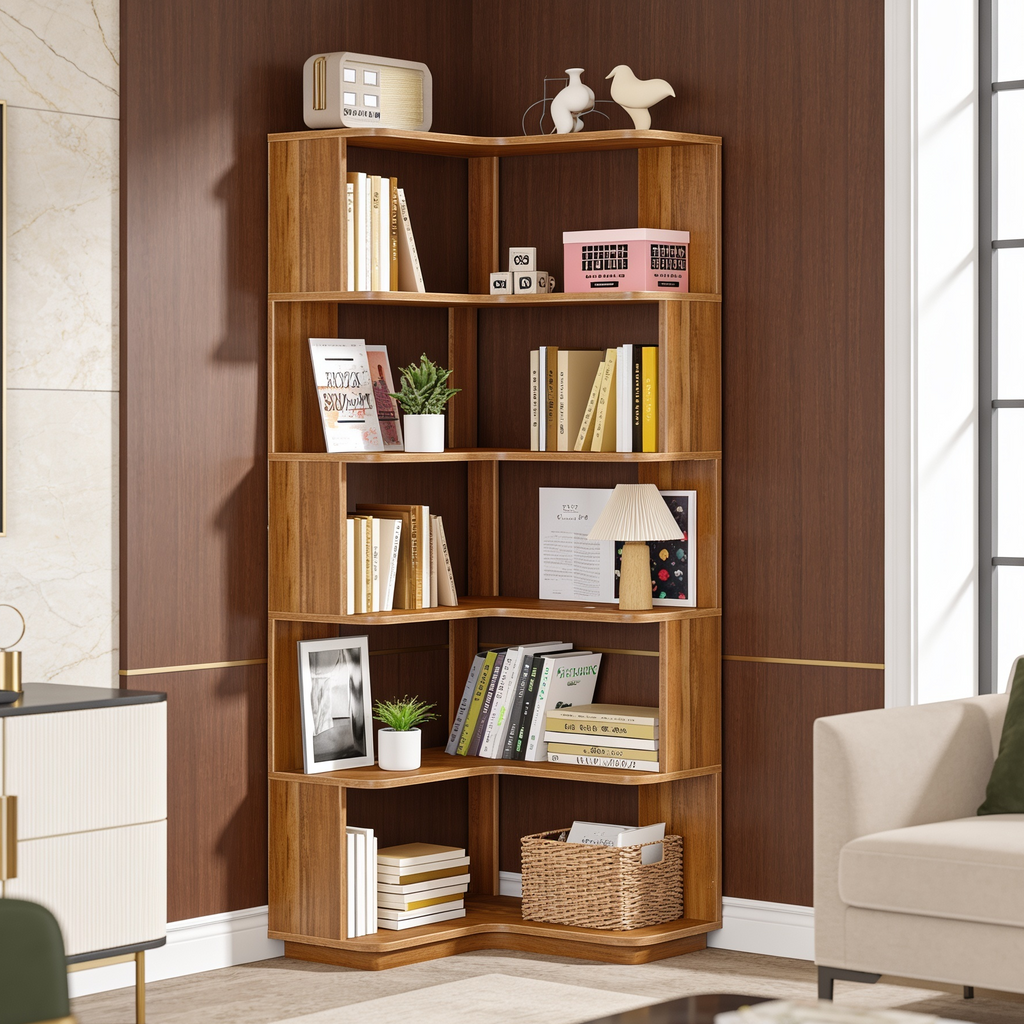 Staggered corner shelving unit against a deep plum wall next to a white sofa