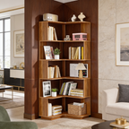 Tall corner bookcase between framed art and a beige sofa in soft daylight