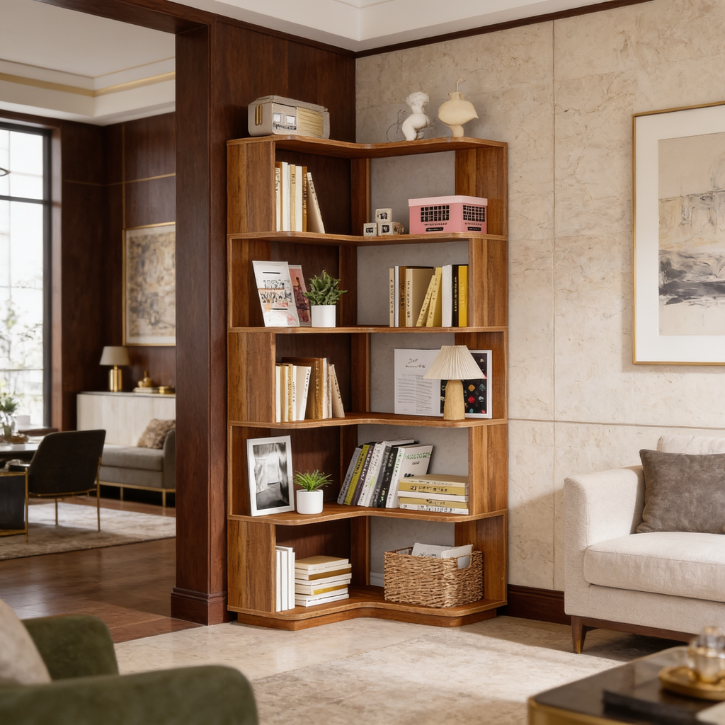 Angled view of the corner bookcase stacked with books, baskets and small vases