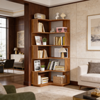 Angled view of the corner bookcase stacked with books, baskets and small vases