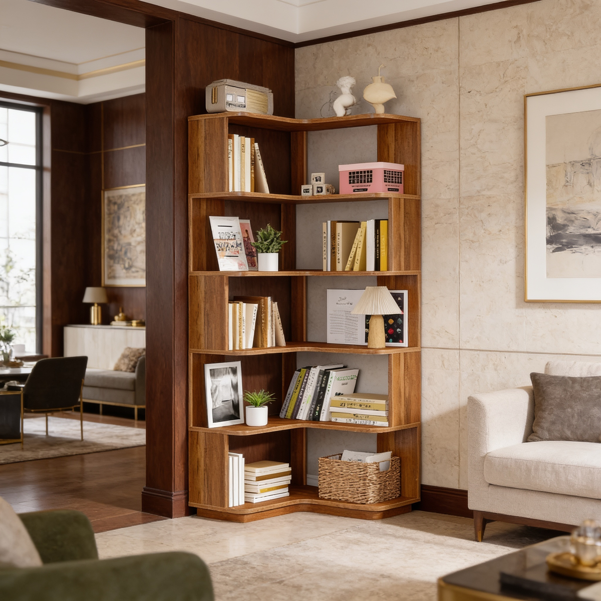 Angled view of the corner bookcase stacked with books, baskets and small vases