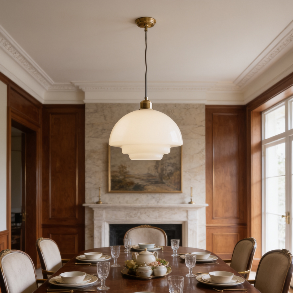 Two opal glass pendants above a long dining table near a fireplace