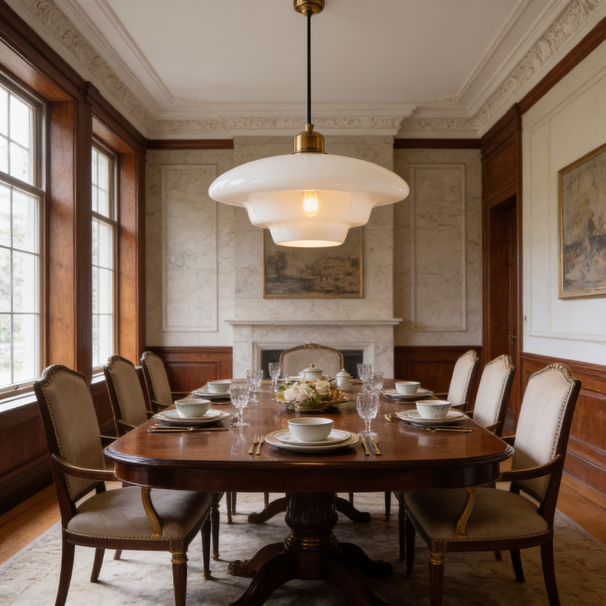 Cream opal glass pendant lit above a round dining table in a paneled room