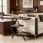 Rear view of the curved base tucked under a sofa seat with teacups on the shelf