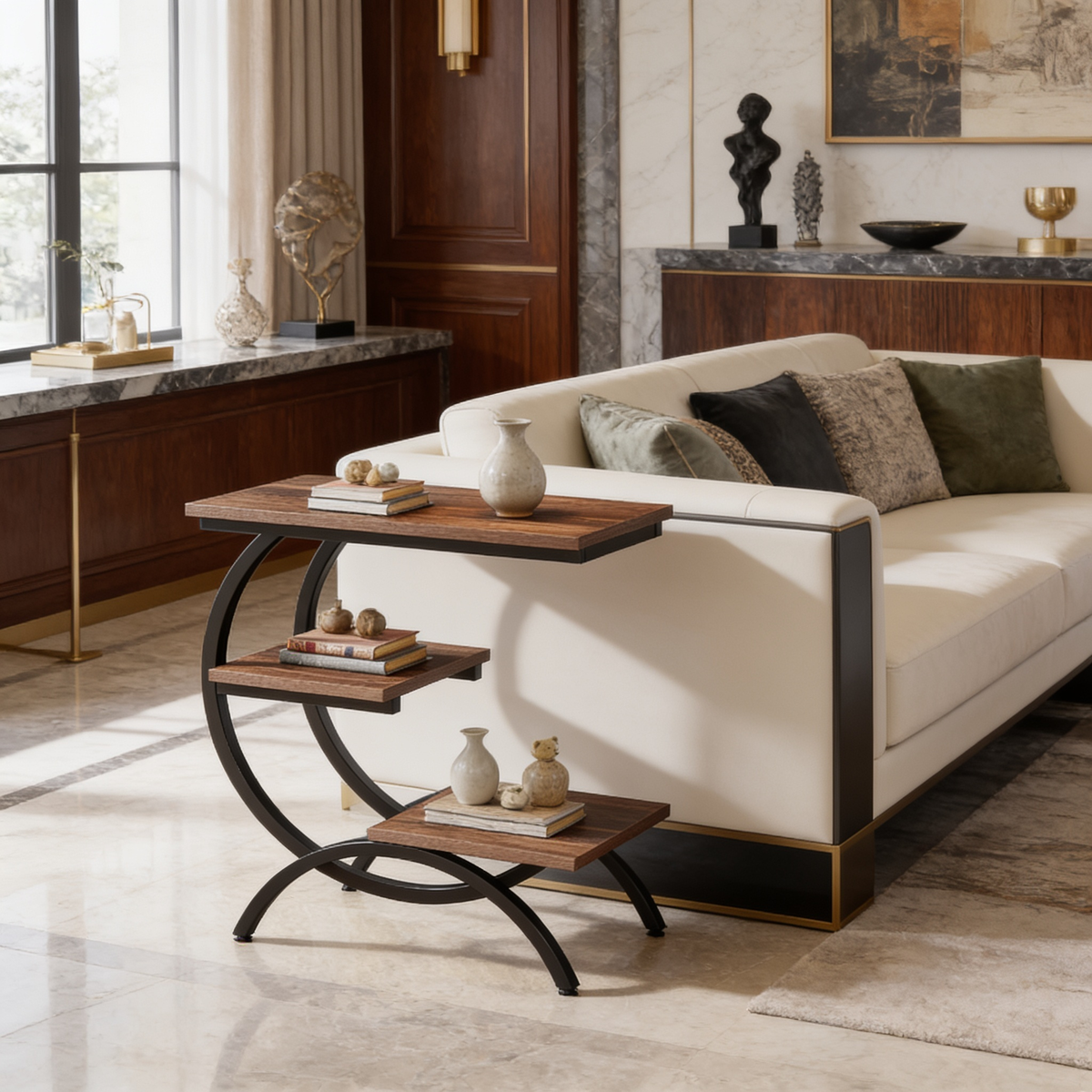 Low angle view of a three tier sofa side table beside a cushioned cream couch