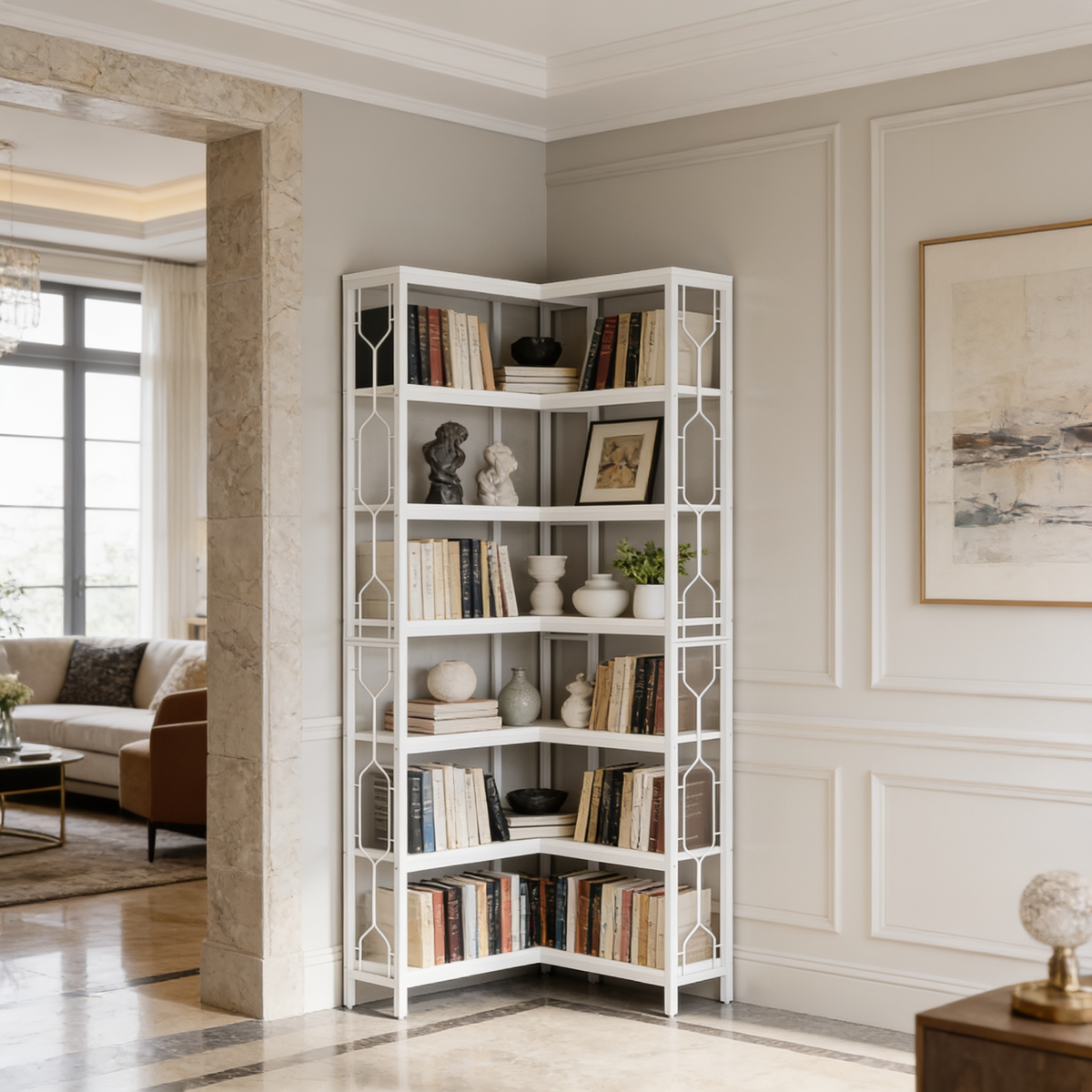 White L shaped corner etagere filled with books and sculptural vases by paneling