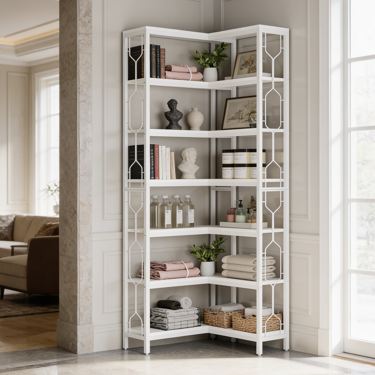 Close view of the white corner shelf stacked with ceramic vases, books and a plant