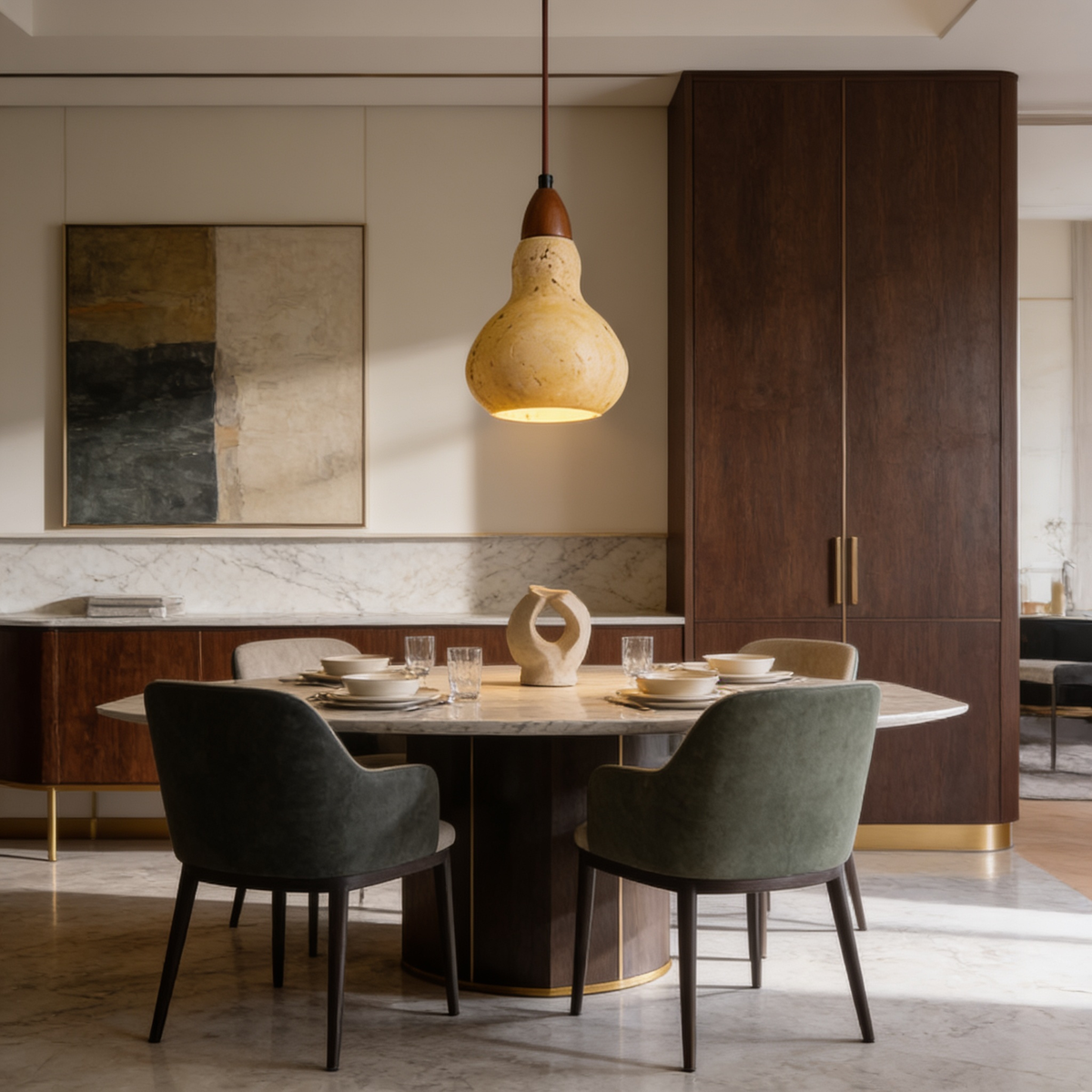 Carved stone gourd pendant glowing above a round dining table with green chairs