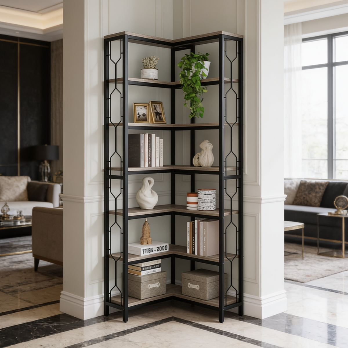 Seven tier black iron corner etagere holding books, plants and vases in a corner