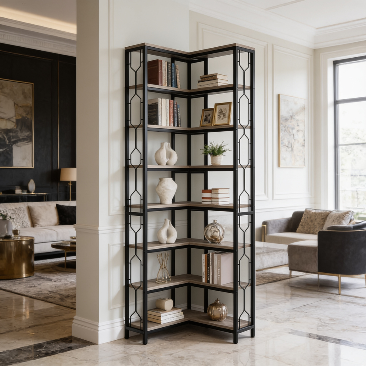 Tall black corner bookcase spanning two walls beside a sofa and dark doorway