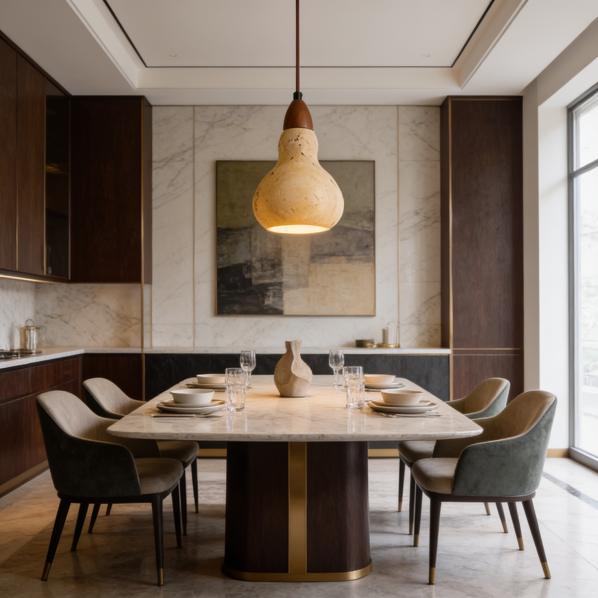 Yellow limestone pendant hanging above a wood dining table by tall windows