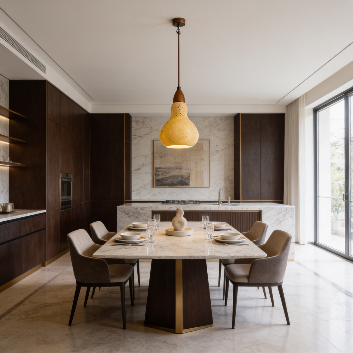 Stone pendant lamp lit over a long dining table in a bright open kitchen