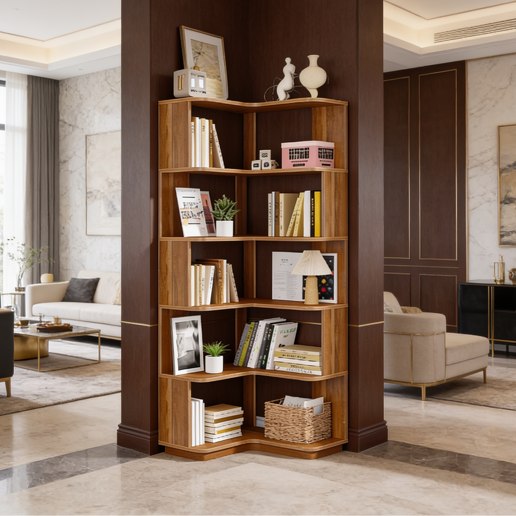Wood corner bookcase filled with books and a trailing plant in a living room corner