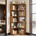 Six tier staggered corner bookcase in warm wood holding books beside a paneled wall
