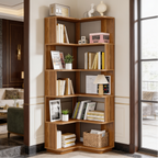 Six tier staggered corner bookcase in warm wood holding books beside a paneled wall
