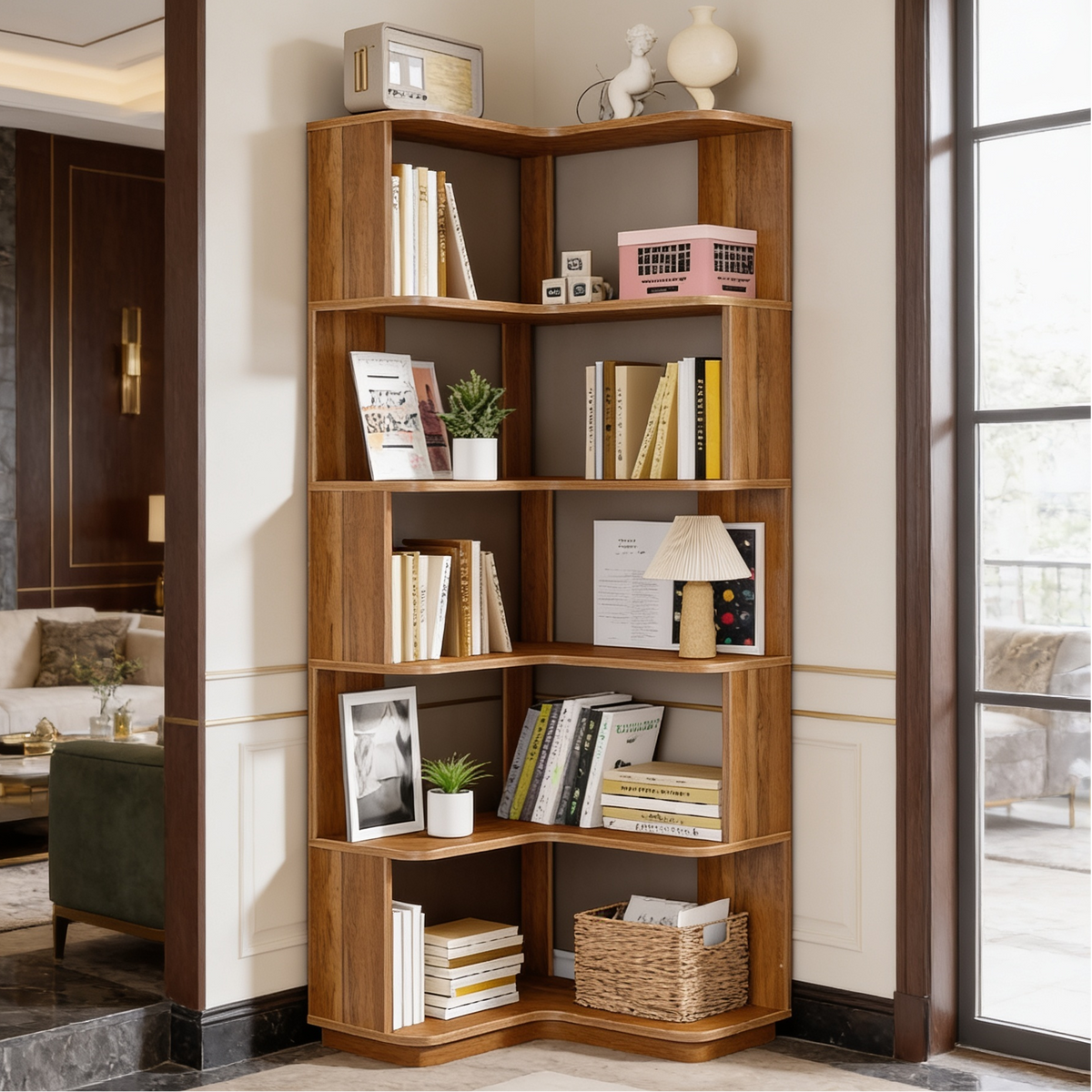 Six tier staggered corner bookcase in warm wood holding books beside a paneled wall
