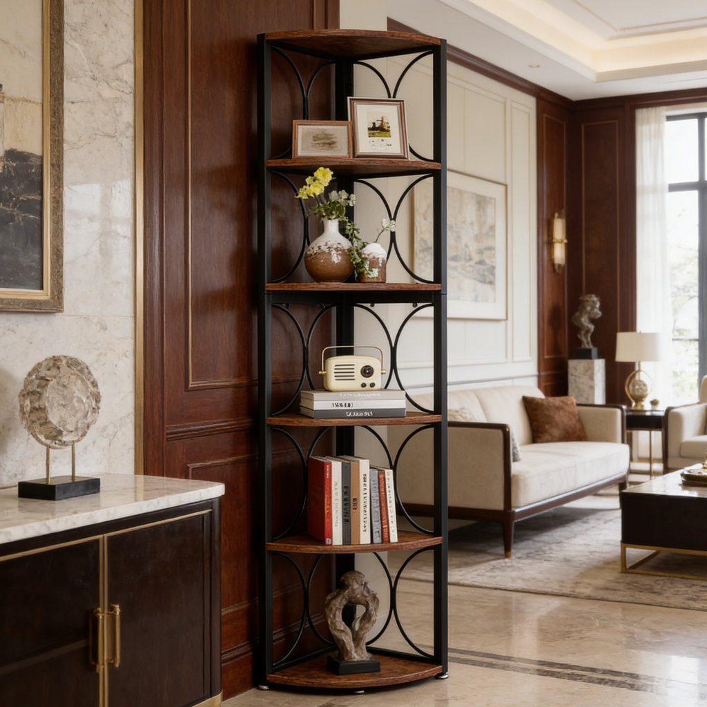 Corner etagere in a paneled room next to a marble console and a seating area
