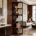 Corner etagere in a paneled room next to a marble console and a seating area