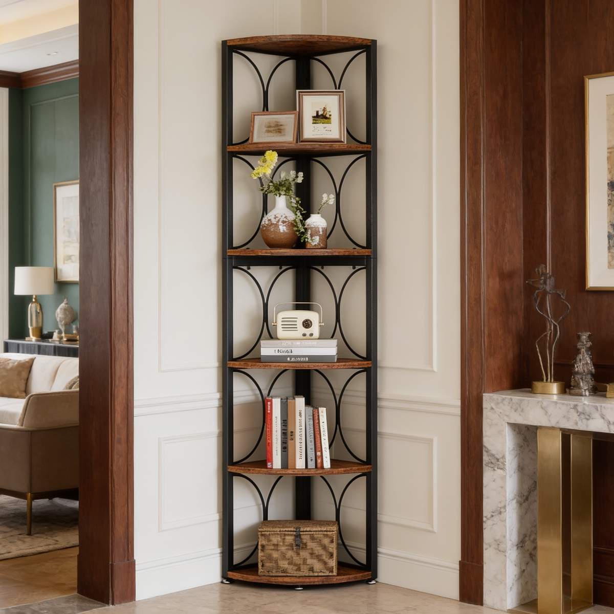Quarter circle corner shelf with black arch frame holding books, a basket and a plant