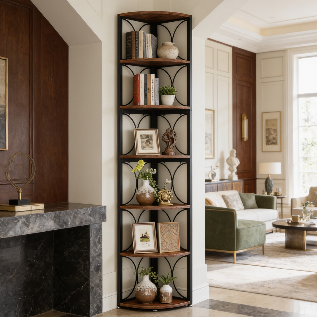 Curved corner bookcase beside a marble fireplace in a bright living room