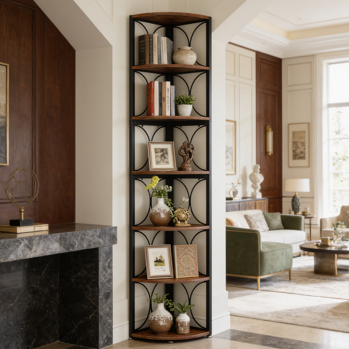 Curved corner bookcase beside a marble fireplace in a bright living room