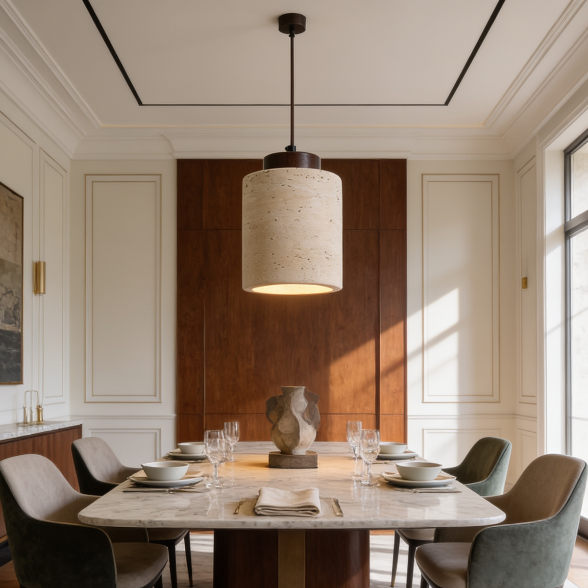 Two stone pendants hanging above a long dining table in a paneled room