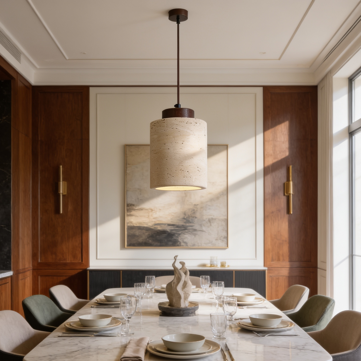 Stone cylinder pendant glowing above a marble dining table with green chairs