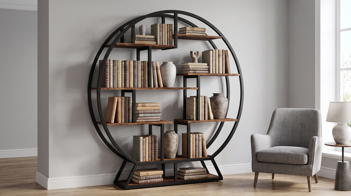 Round etagere fully loaded with books