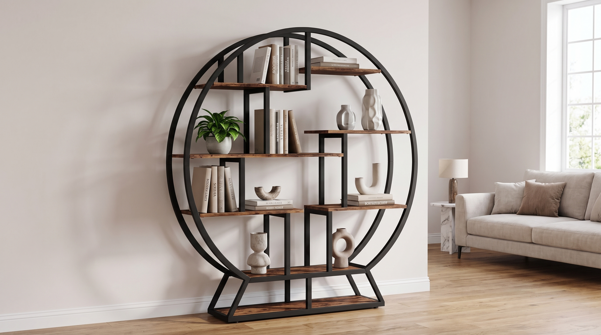 Round black iron etagere standing against a wall
