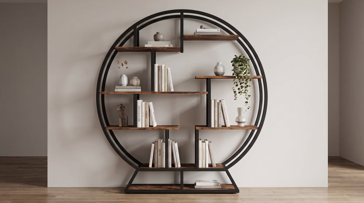 Staggered shelves inside a round etagere