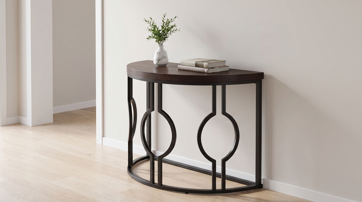 Half moon console table sitting flush against a hallway wall