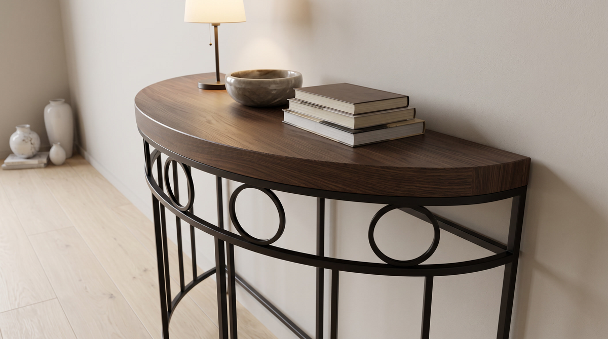 Close view of the thick wooden top edge of a half moon console table