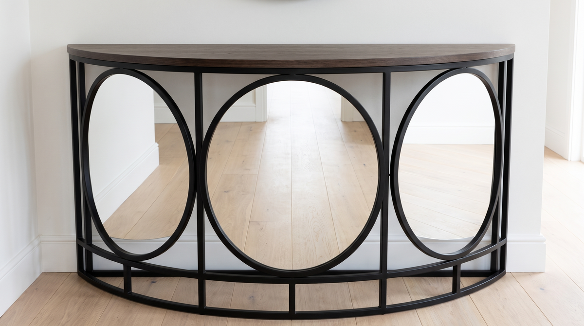 Three open steel circles in the black frame of a half moon console