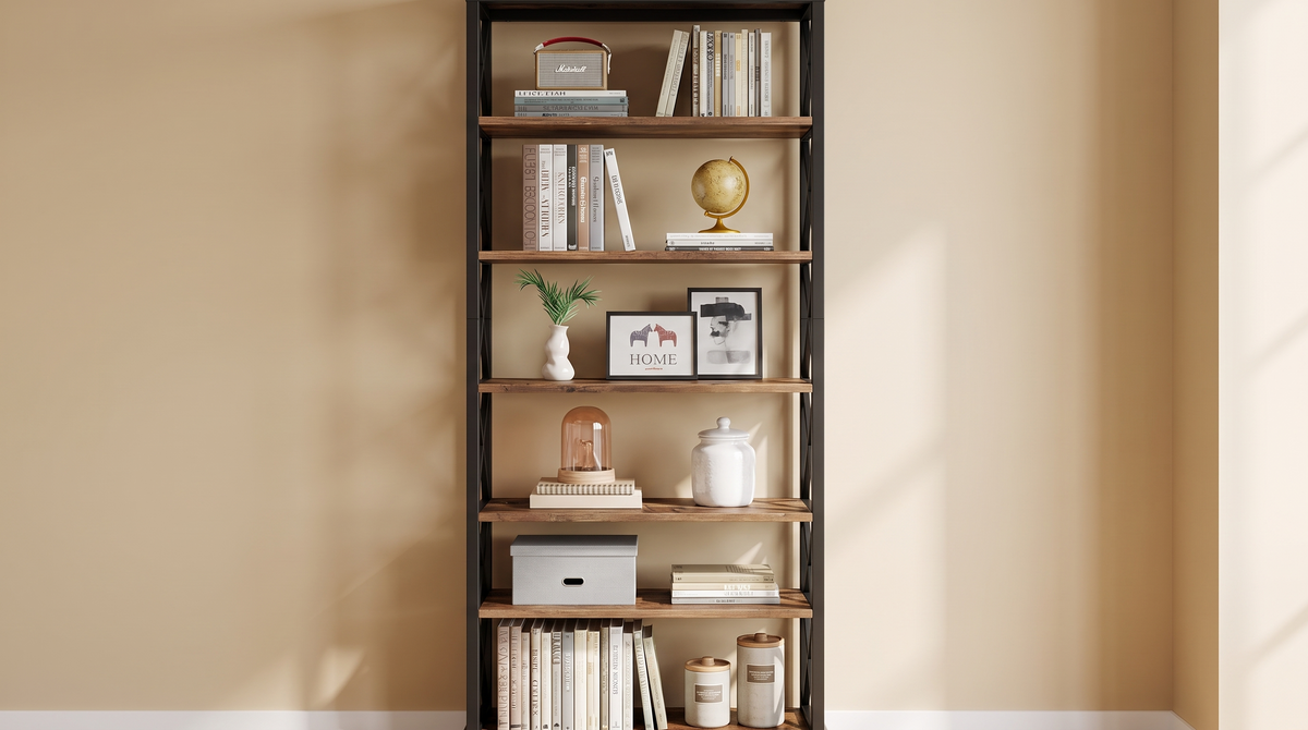 Bookcase fully styled in a living room