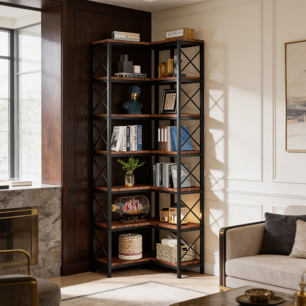 Corner bookcase in a dark paneled room beside a marble fireplace, filled with books
