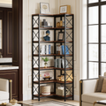 Seven tier corner bookshelf with a black X braced frame holding books and frames